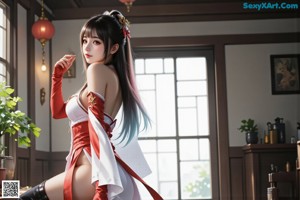 A woman in a white and red outfit poses outdoors with gloves and thigh-high boots.