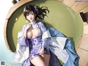 A woman in a blue and gold kimono sitting on a window sill.