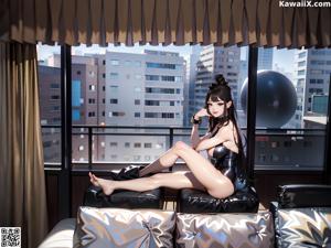 A woman sitting on top of a stool in lingerie.