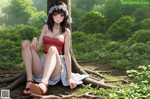 A woman sitting on a tree branch in a forest.