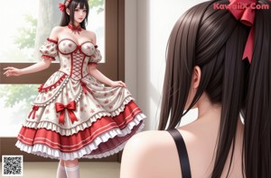 a woman in a red dress and stockings posing for a picture