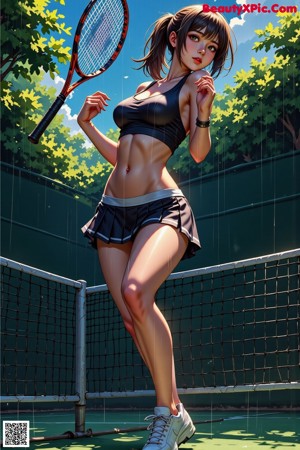 A woman in a green and white outfit holding a tennis racket.