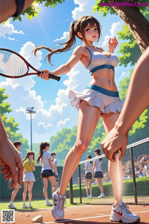 A woman in a white top and skirt holding a tennis racket.