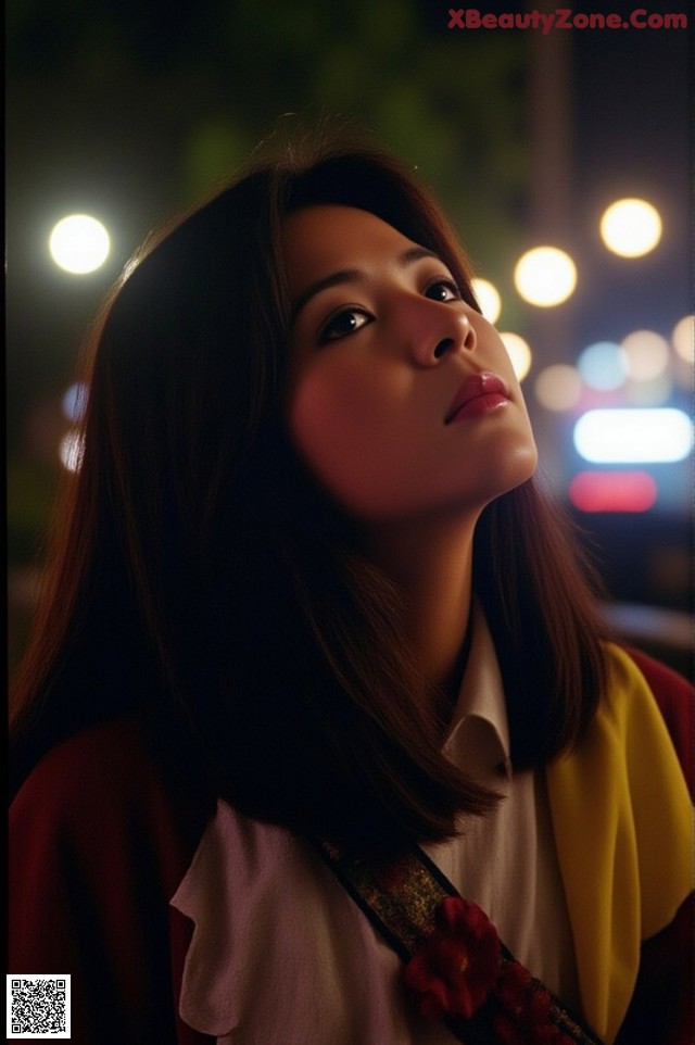 A woman with long brown hair standing in front of a city at night.