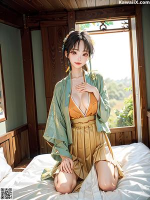 A woman in a blue kimono sitting on a bed.