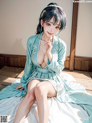 A woman in a blue kimono sitting on a wooden bench.