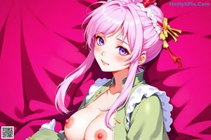 A woman in traditional attire sits on a bed with a pink curtain and flowers in her hair.