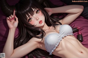 Anime girl in a black bikini posing naked on a bed.