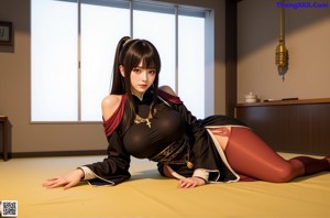 A woman in a red and white outfit sitting on a bed.