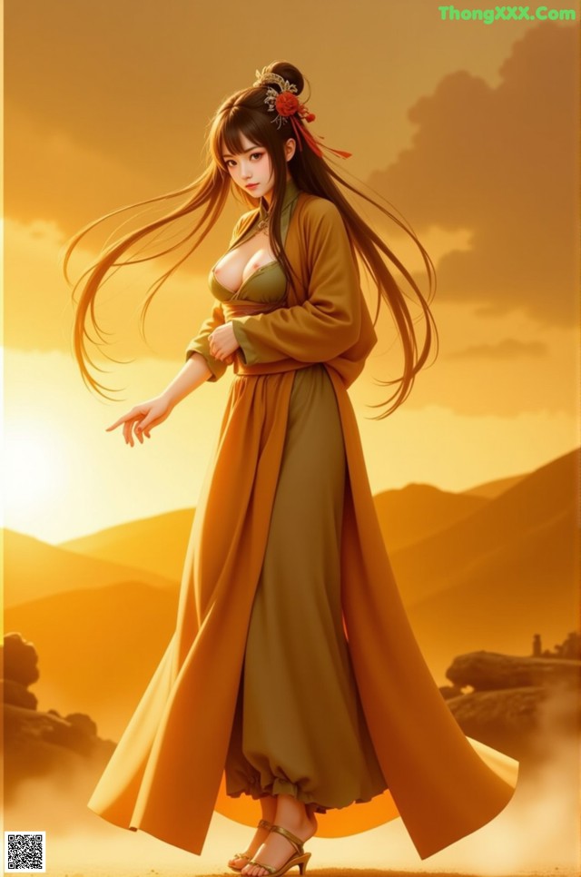 A woman in a long yellow dress standing in the desert.