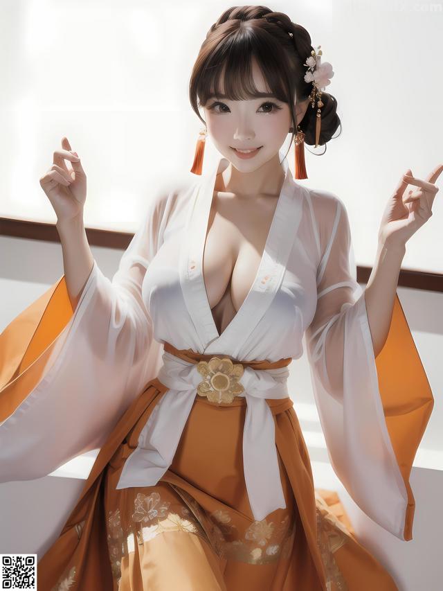 A woman in a white and orange kimono posing for a picture.