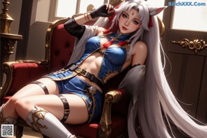 A woman in a blue outfit sitting on a chair.
