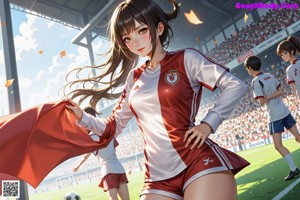 A woman in a sports uniform posing in front of a fence.