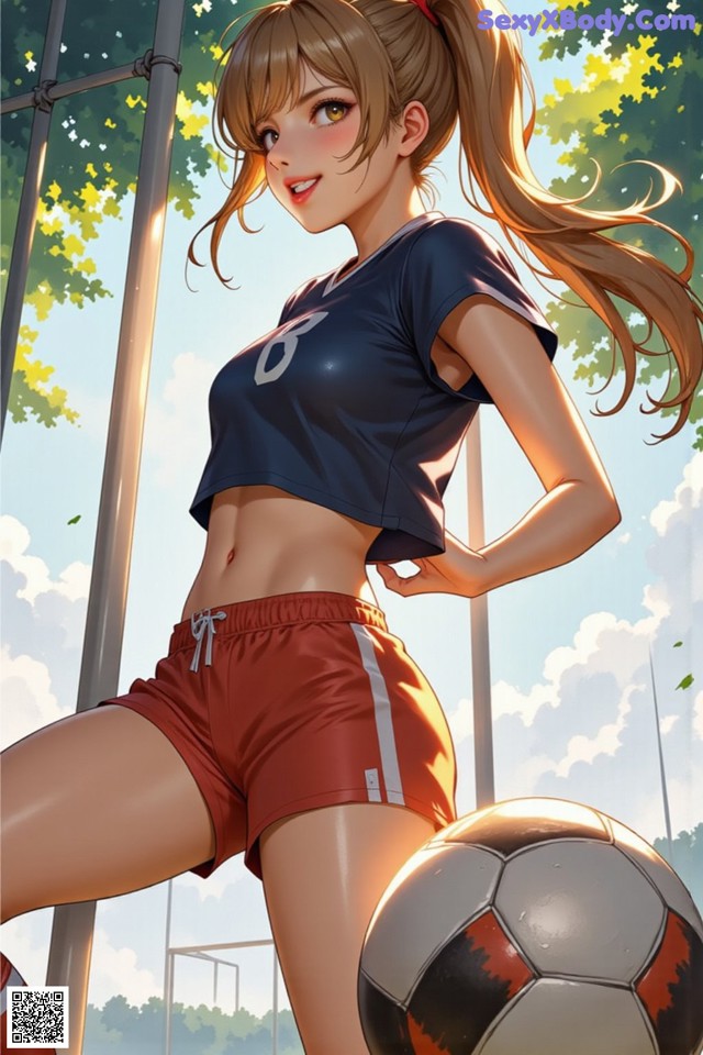 A girl in a blue shirt and red shorts holding a soccer ball.