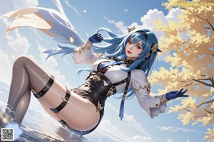 A woman with blue hair is posing in the woods.