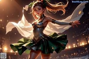A woman in a white and gold outfit is dancing.