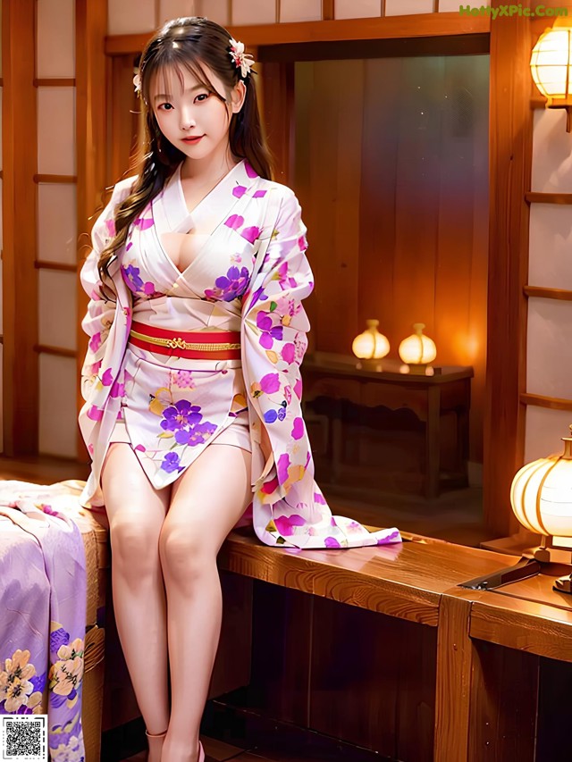 A woman in a kimono sitting on a bed.