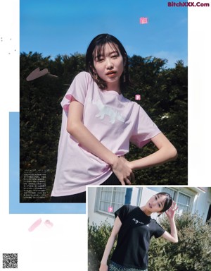 A magazine spread with a woman wearing a blue shirt and plaid skirt.