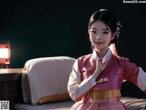 A woman in a kimono standing in front of a table.
