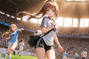 a girl in a white shirt is standing on a soccer field