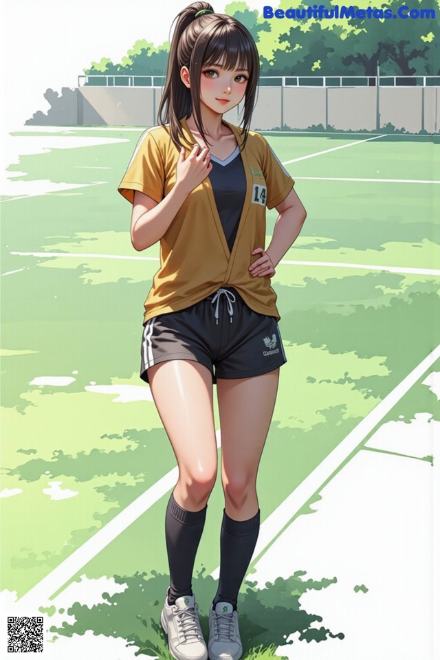 A woman standing on a soccer field with her hands on her hips.
