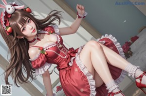 A woman in a red and white dress with a bunny on her head.