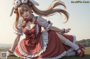A woman in a red dress holding a white rabbit.