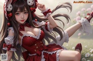 A woman in a red dress holding a white rabbit.