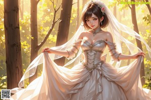 A woman in a wedding dress walking through a forest.