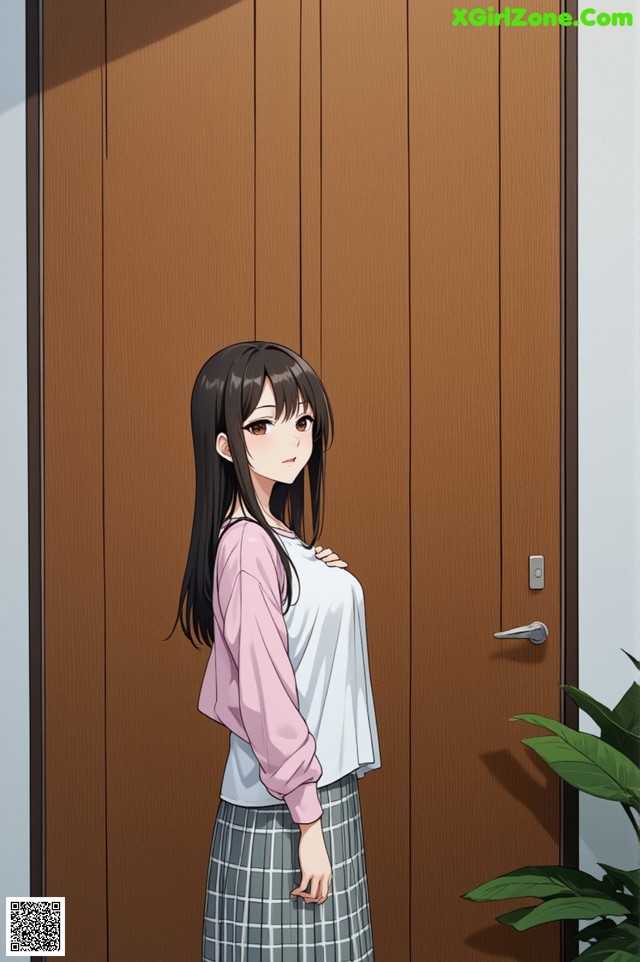 A woman standing in front of a wooden door.