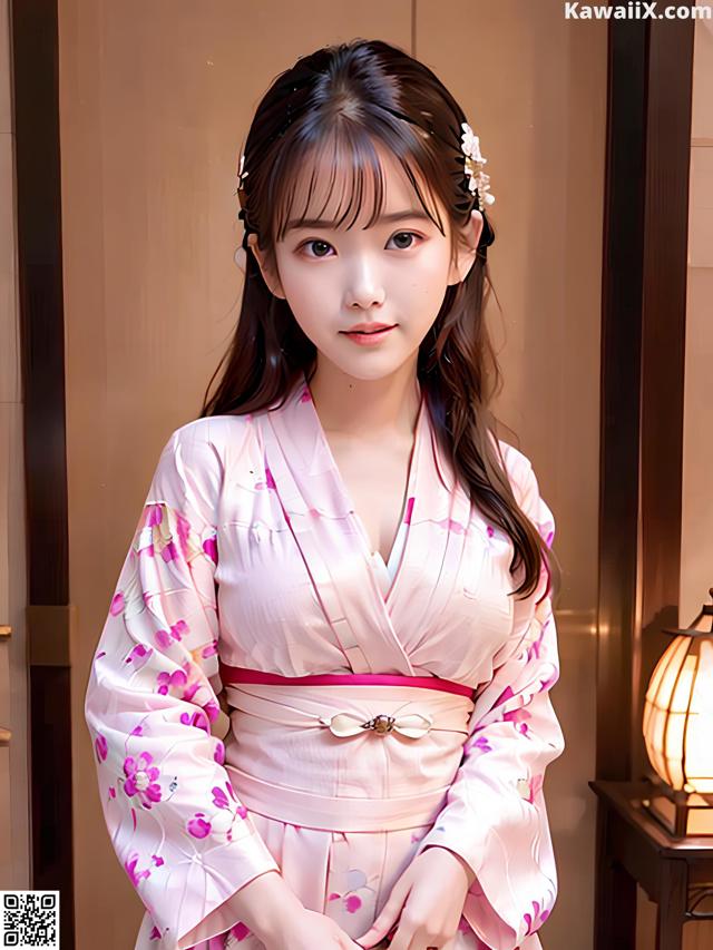 A woman in a pink kimono posing for a picture.