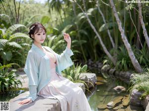 A woman in a green and orange hanbok posing for a picture.