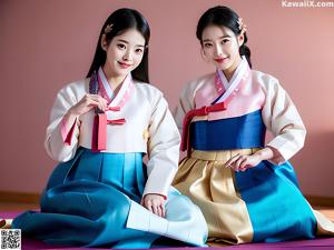 A young girl wearing a blue and white hanbok.