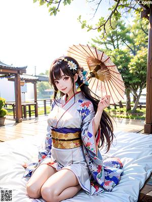 A woman in a pink kimono standing in front of a window.