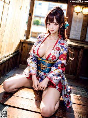 A woman in a kimono sitting on a bed holding an umbrella.