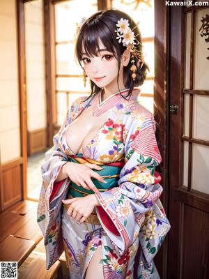 A woman in a kimono sitting on a bed.