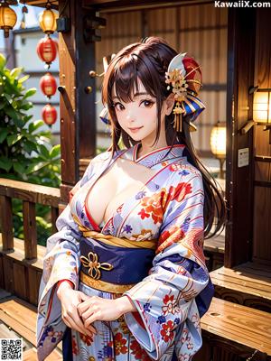 A woman in a blue kimono is posing for the camera.