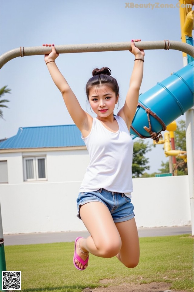 A young woman is hanging upside down on a monkey bars.