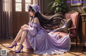a woman in a blue dress sitting on a bench