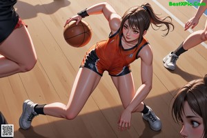 A girl holding a basketball on a basketball court.