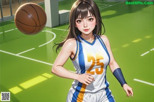 A woman in a blue and yellow uniform shooting a basketball.