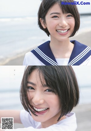 A collage of photos of a woman in a school uniform.