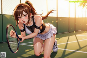 A woman sitting on a tennis court holding a racket.