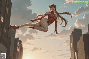 A woman in a red dress is standing in the middle of a city.