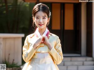 A woman wearing a white hanbok standing in front of a door.